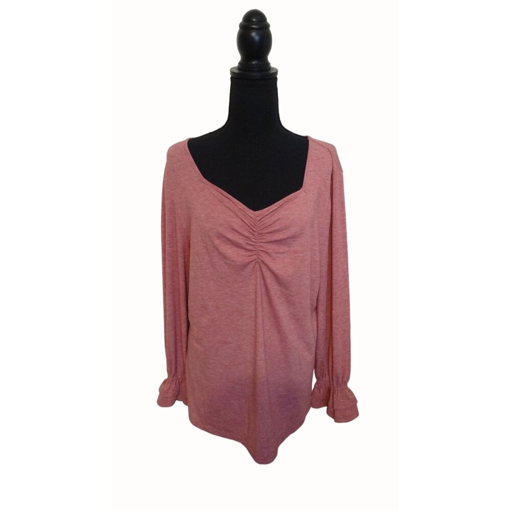 Farysays Women's Ruched V-Neck Top XL Pink Long Sleeve Ruffle Blouse NEW